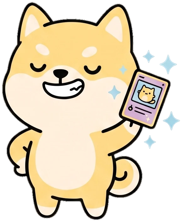 Bindy the shiba proudly holding up a sparkling card