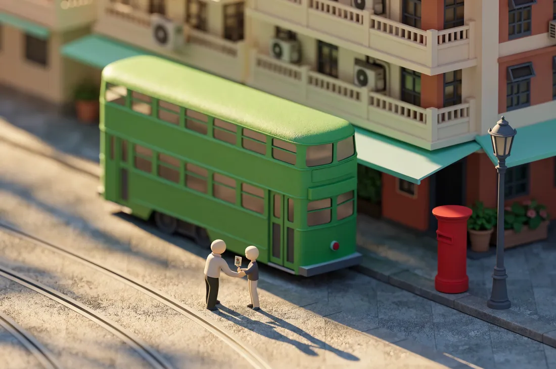 Two miniature traders shaking hands over a card beside a Hong Kong tram